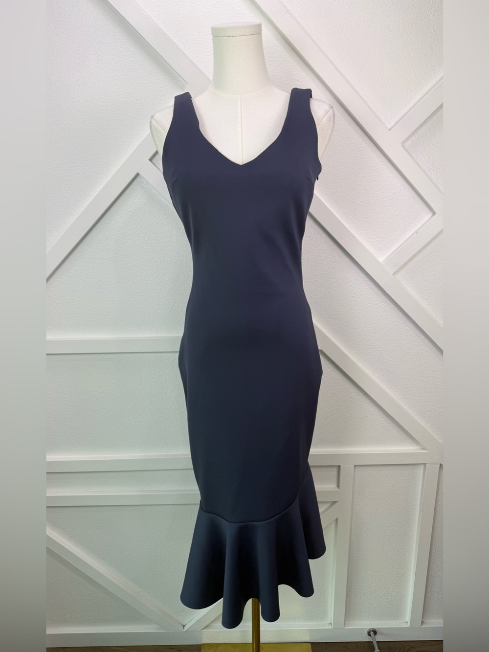 Carbon38 Navy Scuba Knit Midi Dress Ruffle Hem Sleeveless Bodycon Size Small